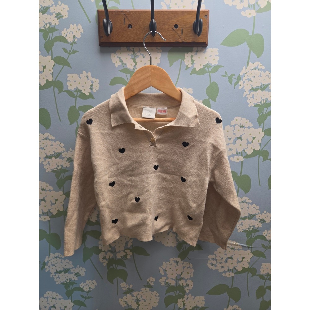 Zara Kids Beige Heart Embroidered Knit Polo Sweater Size 5 110cm Long Sleeve